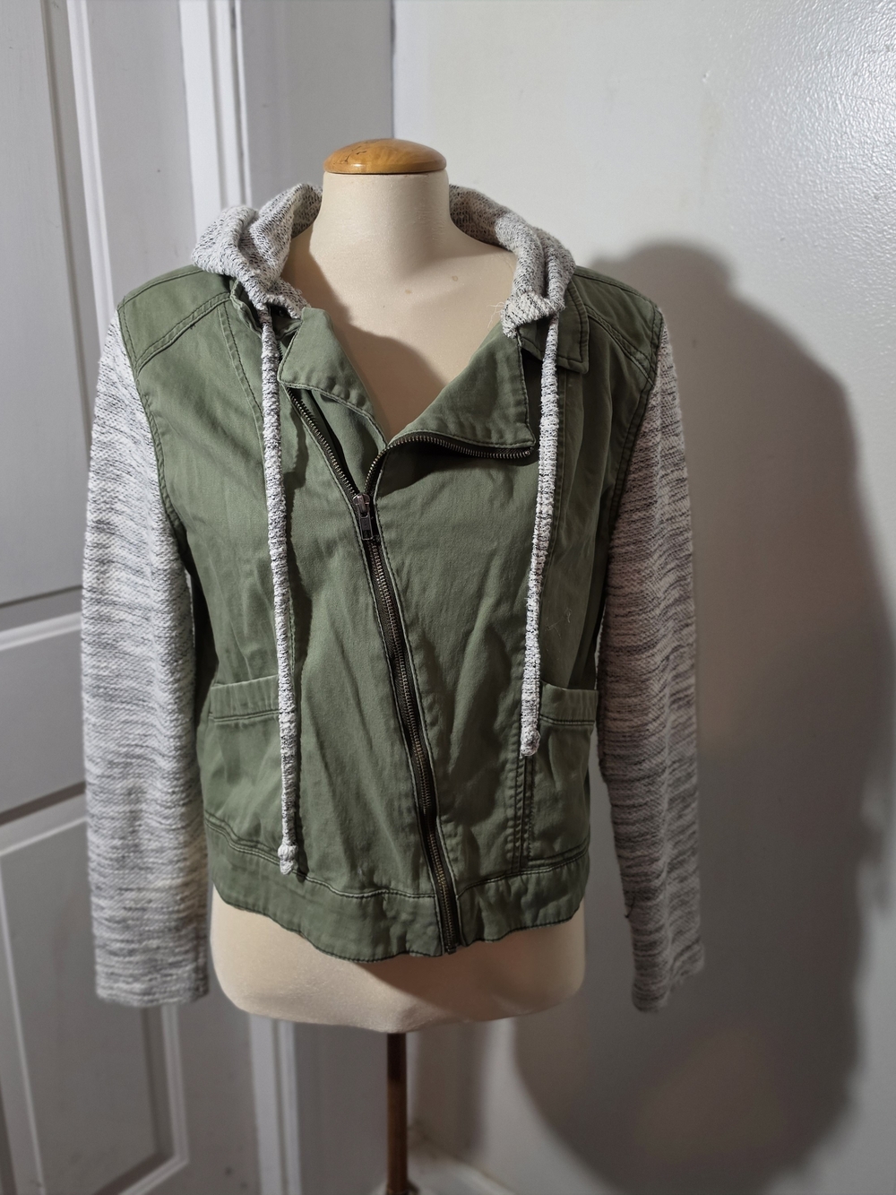 Olive Green Hooded Utility Jacket with Gray Knit Sleeves